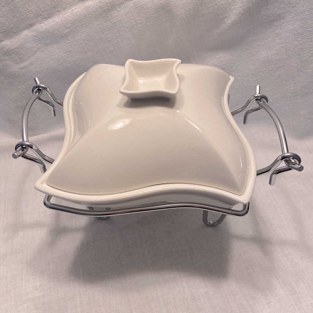 Retro White Covered Ceramic Chaffing Dish Chrome Stand Food Warmer Server  New!